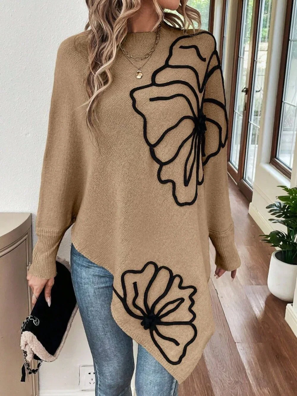 Khaki Casual Women's Asymmetrical Hem Crew Neck Sweater